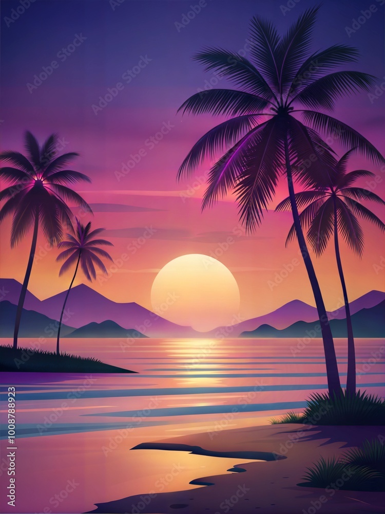 Tranquil Beach Sunset with Palm Silhouette and Mountain Reflections