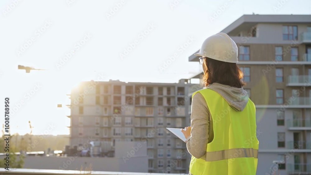 Woman construction engineer is taking notes with a tablet pc while inspecting a construction site at sunset Woman construction engineer is taking notes with a tablet pc while inspecting a construction site at sunset