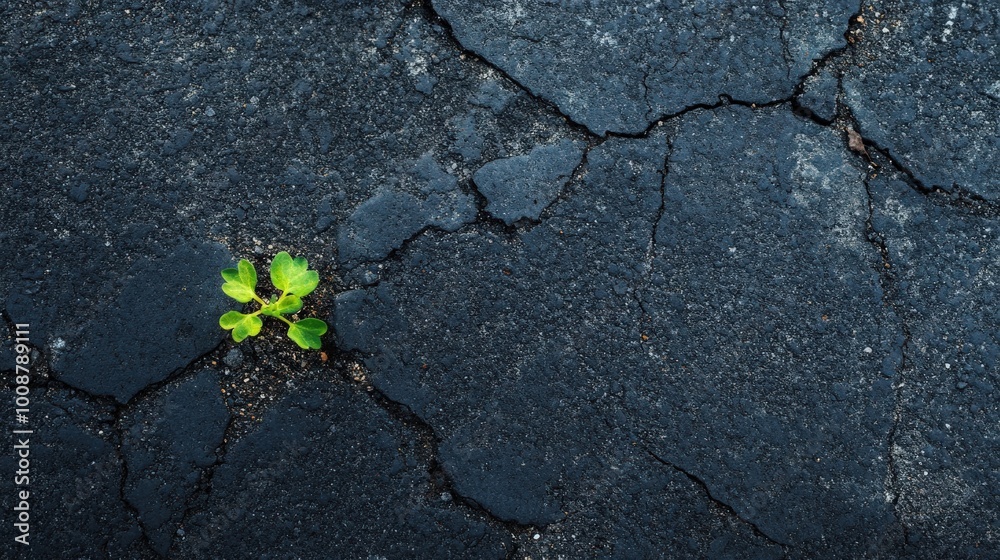 Obraz premium A small green sprout emerges from the cracked asphalt, highlighting nature's determination to thrive even in harsh urban settings. The sunlight illuminates its vibrant leaves