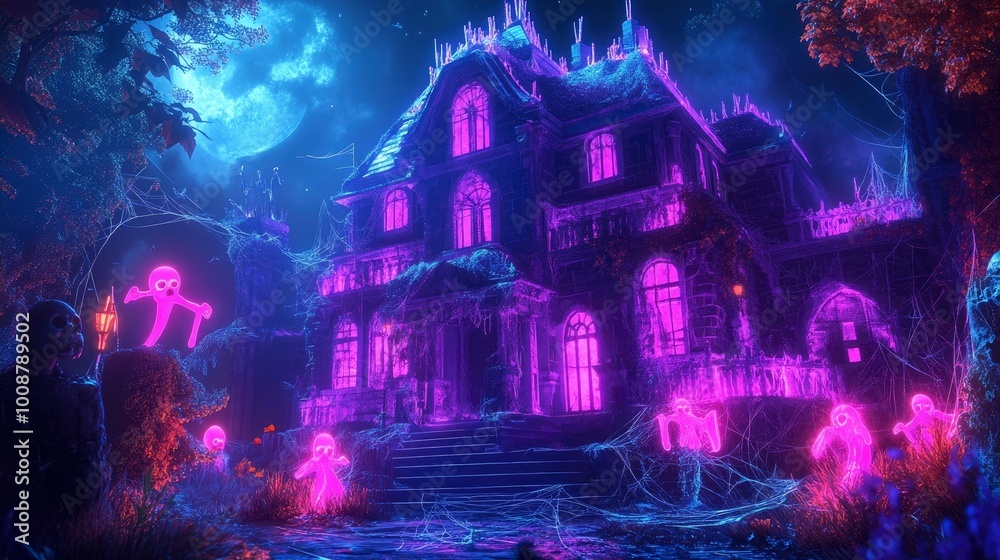 Naklejka premium A glow-in-the-dark haunted house with glowing ghost figures, neon spider webs, and eerie glowing skeletons.