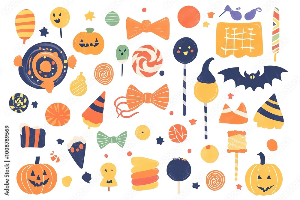Seamless pattern of Halloween with candy elements in dark background.
Seamless pattern of Halloween with candy elements in dark background.