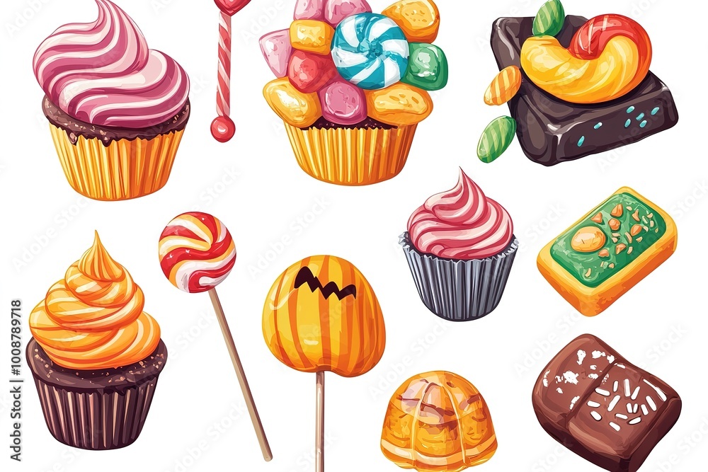 Seamless pattern of Halloween with candy elements in dark background.
Seamless pattern of Halloween with candy elements in dark background.