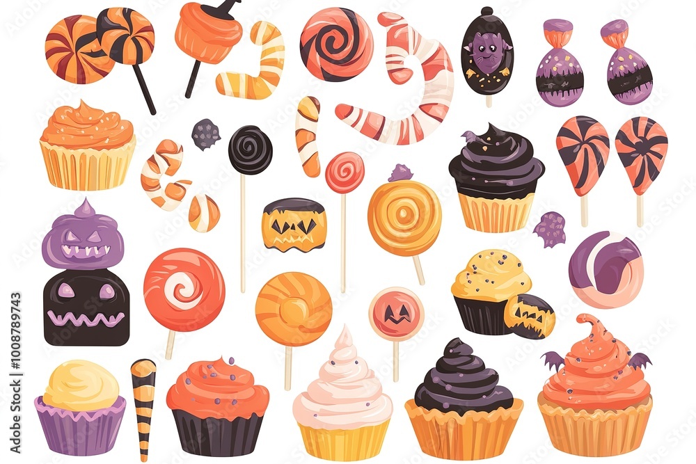 Seamless pattern of Halloween with candy elements in dark background.
Seamless pattern of Halloween with candy elements in dark background.