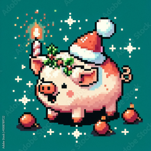 christmas piggy  illustration pixel art style