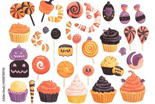 Seamless pattern of Halloween with candy elements in dark background. 