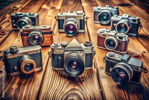 Vintage film cameras arranged on a wooden table showcasing nostalgic photography equipment and style