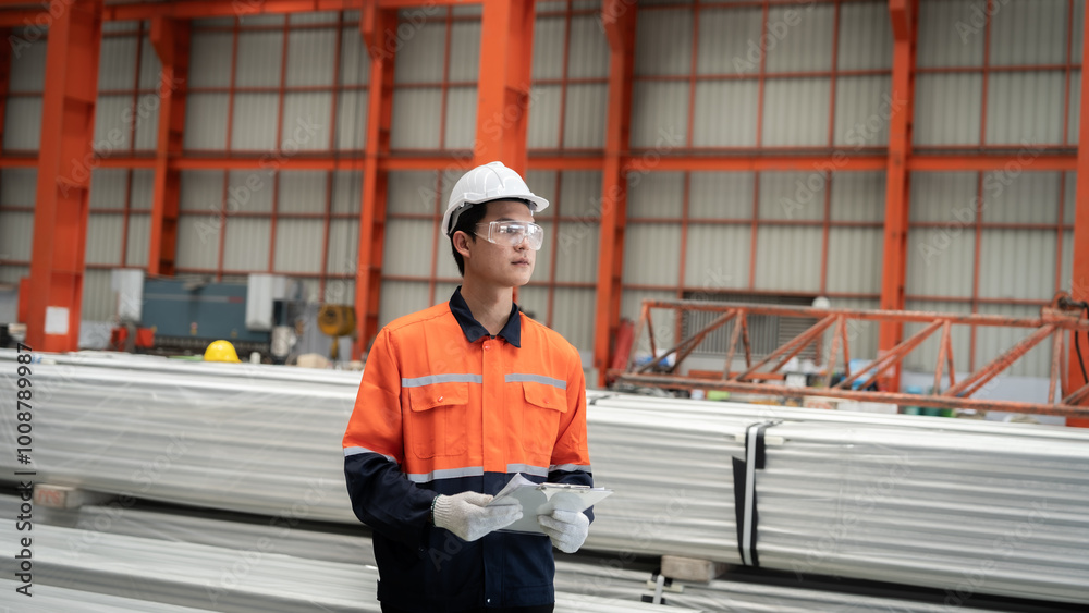 A man in a safety vest and goggles is standing in a large industrial building, looking at a piece of paper A man in a safety vest and goggles is standing in a large industrial building, looking at a piece of paper