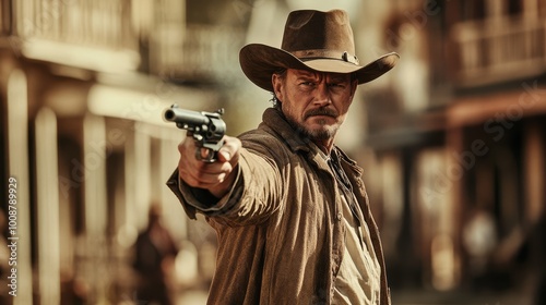 A rugged cowboy pointing his gun at the camera for a film set, intense scene reenactment, old wild west theme photo