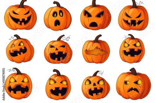 Set of Halloween pumpkins with cut out faces. Scary, fun, smiles for pumpkins. Vector illustration