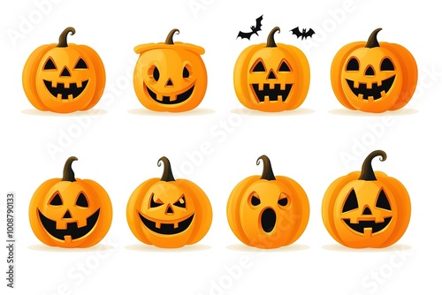 Set of Halloween pumpkins with cut out faces. Scary, fun, smiles for pumpkins. Vector illustration

