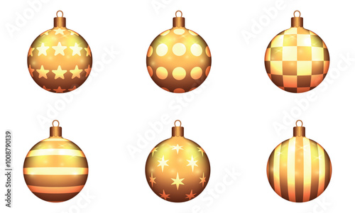 Beautiful gold Christmas balls with star, circle, stripes and square patterns on white background. Decorations for New Year tree and Christmas design. Vector realistic object Illustration 10 EPS