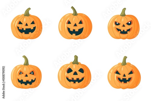 Set of Halloween pumpkins with cut out faces. Scary, fun, smiles for pumpkins. Vector illustration