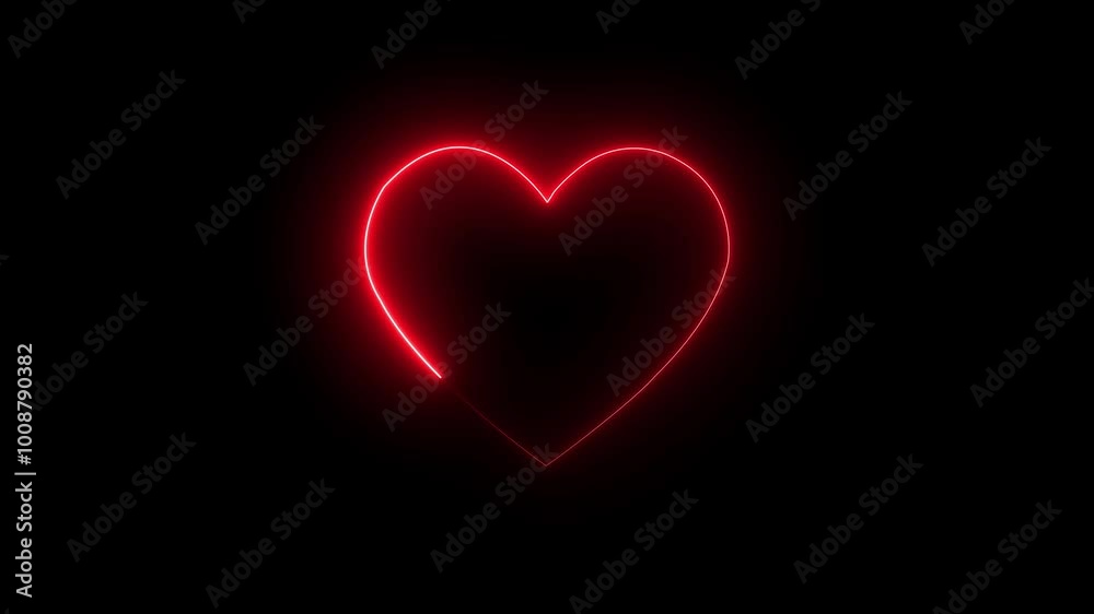 Love sign with neon glowing animation on a black background. Glowing red neon heart on black background. Love sign with neon glowing animation on a black background. Glowing red neon heart on black background.