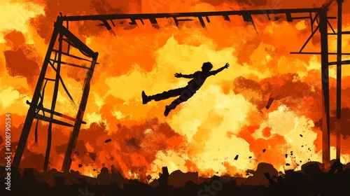 This illustration portrays a kid jumping from the ruins of a building against the sunset background, in a digital art style.