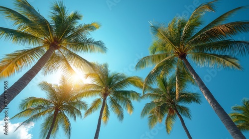 Coconut trees with clear blue sky background.