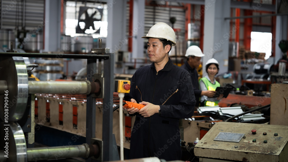 A man in a black suit and a white hat is standing in front of a machine. He is holding a red remote control A man in a black suit and a white hat is standing in front of a machine. He is holding a red remote control