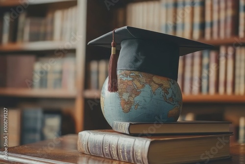 Education to learn study in world. Graduated student studying abroad international idea. Master degree hat on top globe book. Concept of graduate educational for long distane learning - generative ai photo