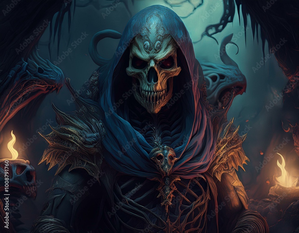 Scary Halloween scene with a dark creature, mystic objects and fantastic spiritual fabric background Scary Halloween scene with a dark creature, mystic objects and fantastic spiritual fabric background