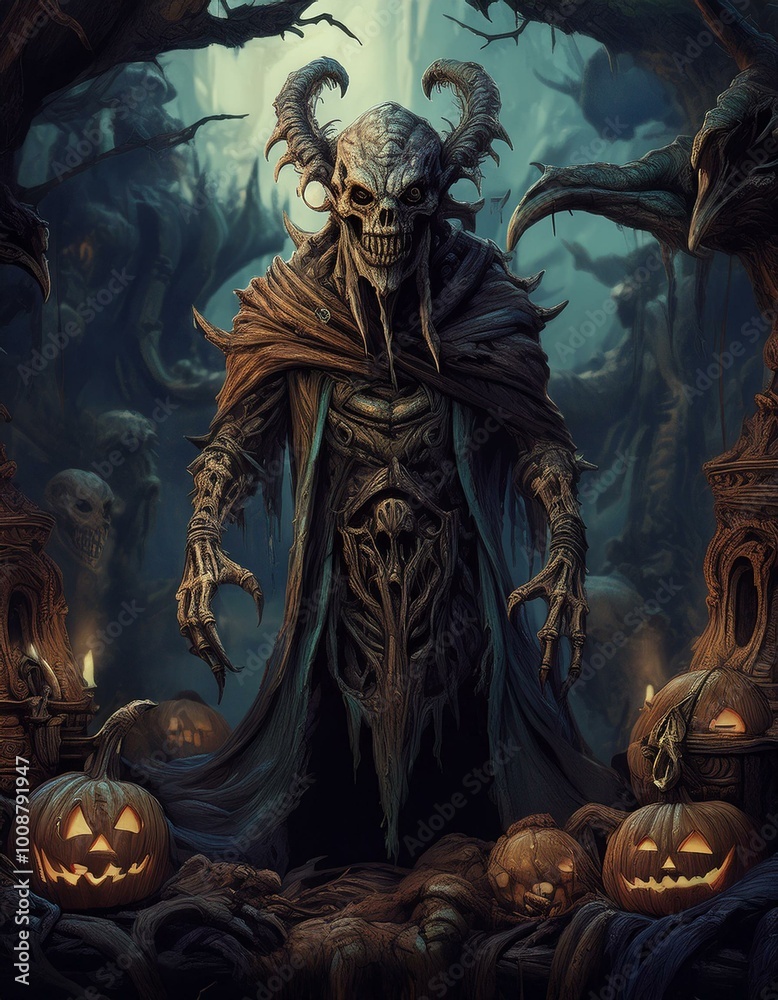 Scary Halloween scene with a dark creature, mystic objects and fantastic spiritual fabric background Scary Halloween scene with a dark creature, mystic objects and fantastic spiritual fabric background