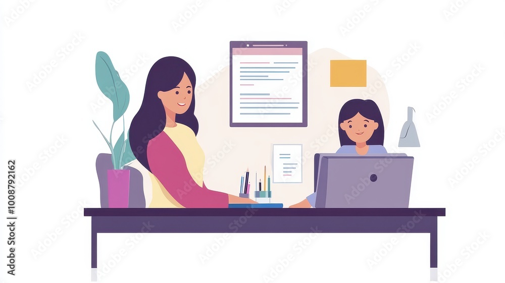 A woman is sitting at a desk with a child in front of her A woman is sitting at a desk with a child in front of her