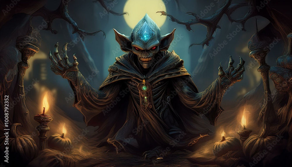 Scary Halloween scene with a dark creature, mystic objects and fantastic spiritual fabric background Scary Halloween scene with a dark creature, mystic objects and fantastic spiritual fabric background
