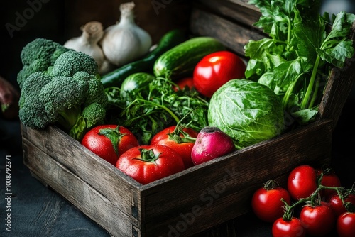 Assorted vegetables in wood box on dark rustic wooden background - generative ai