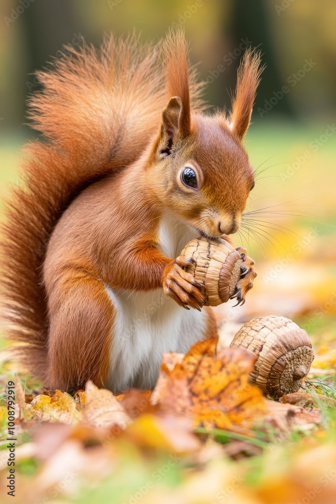 Obraz premium A squirrel holding acorns amidst autumn leaves in a vibrant natural setting.