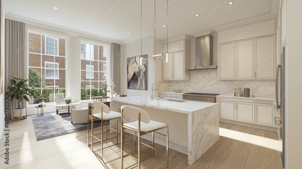 Fototapeta premium A large, open kitchen with a white marble countertop