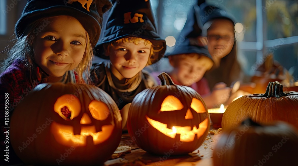 Fototapeta premium A group of children carving pumpkins on a wooden table, their faces illuminated by soft candlelight, while wearing wizard hats.