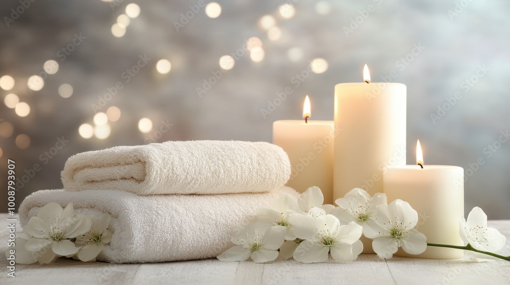 An elegant arrangement of candles and a towel on a spa massage table creates a soothing atmosphere, perfect for promoting relaxation and pampering experiences. An elegant arrangement of candles and a towel on a spa massage table creates a soothing atmosphere, perfect for promoting relaxation and pampering experiences.