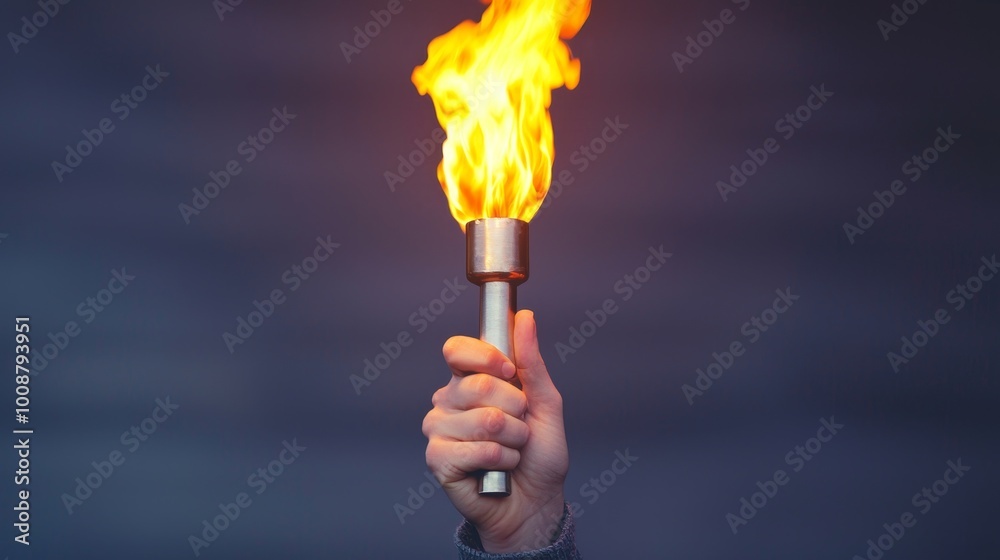 Hand holding a torch with a bright flame against a blurred background. Hand holding a torch with a bright flame against a blurred background.