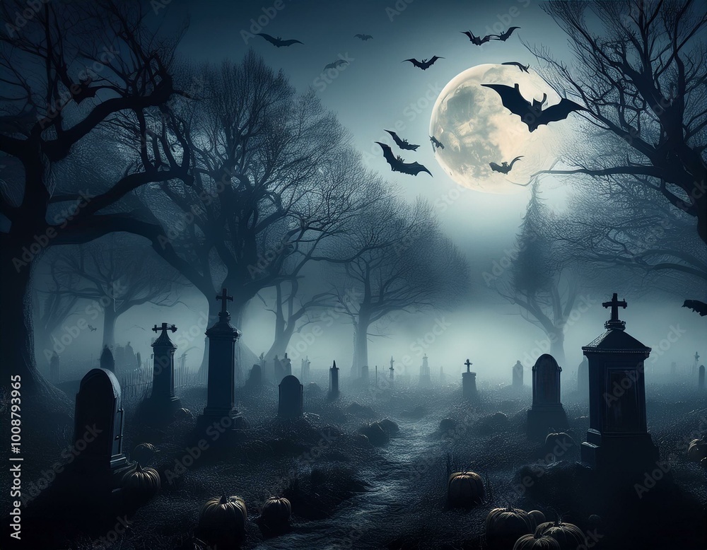 halloween night scene with cemetery halloween night scene with cemetery