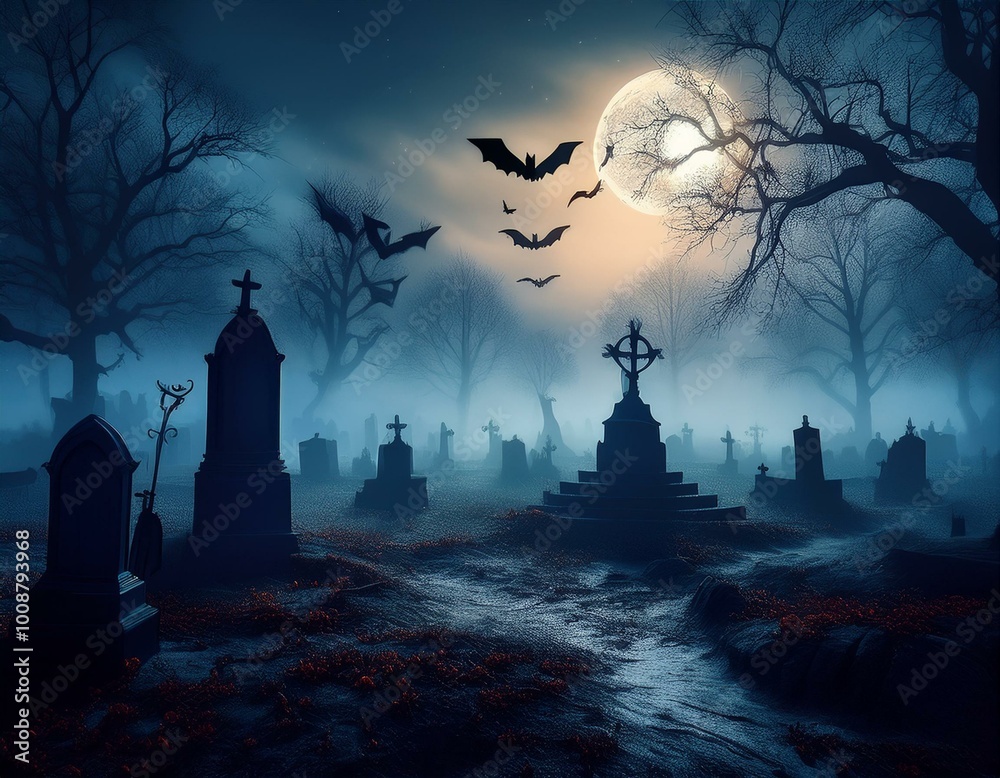 halloween night scene with cemetery halloween night scene with cemetery