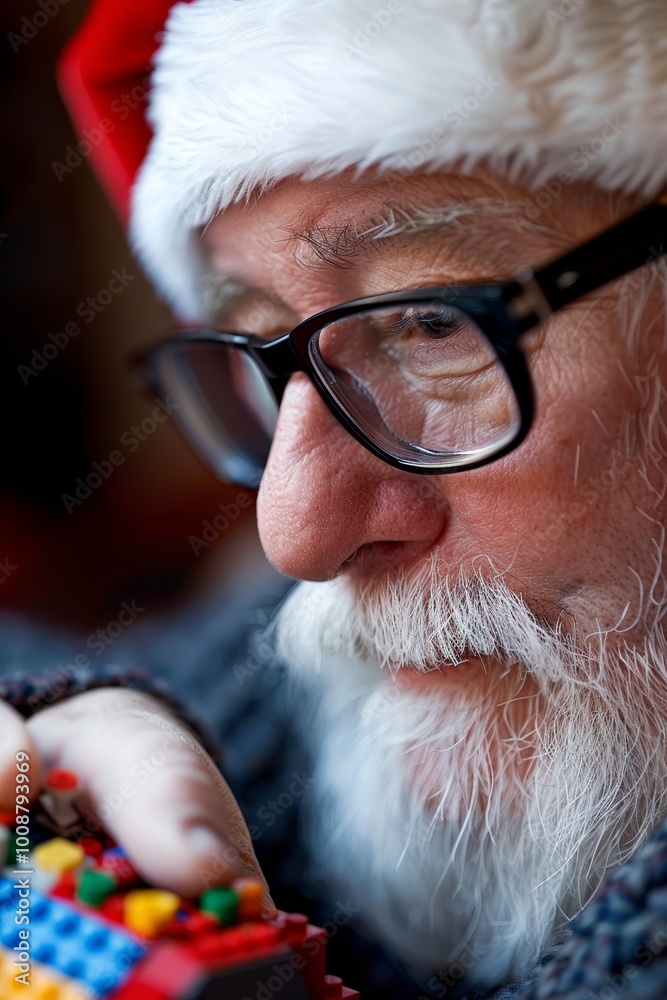 Close-Up Santa Claus Focused on Building, Concentrated on Assembly, Christmas Cheer, Holiday Joy Close-Up Santa Claus Focused on Building, Concentrated on Assembly, Christmas Cheer, Holiday Joy