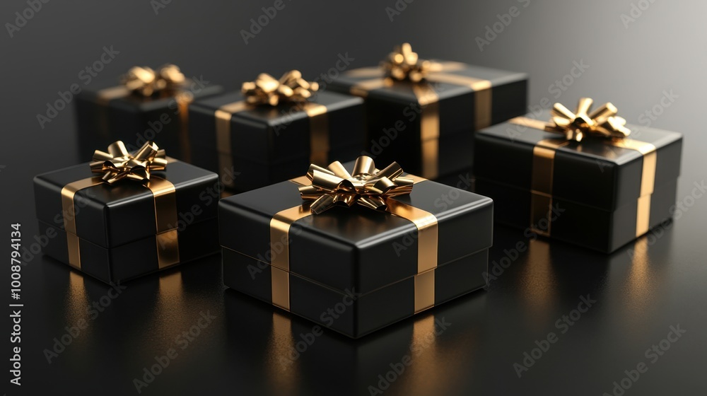 An elegant display of black gift boxes embellished with golden bows on a black background, symbolizing luxury and sophistication for special occasions. An elegant display of black gift boxes embellished with golden bows on a black background, symbolizing luxury and sophistication for special occasions.
