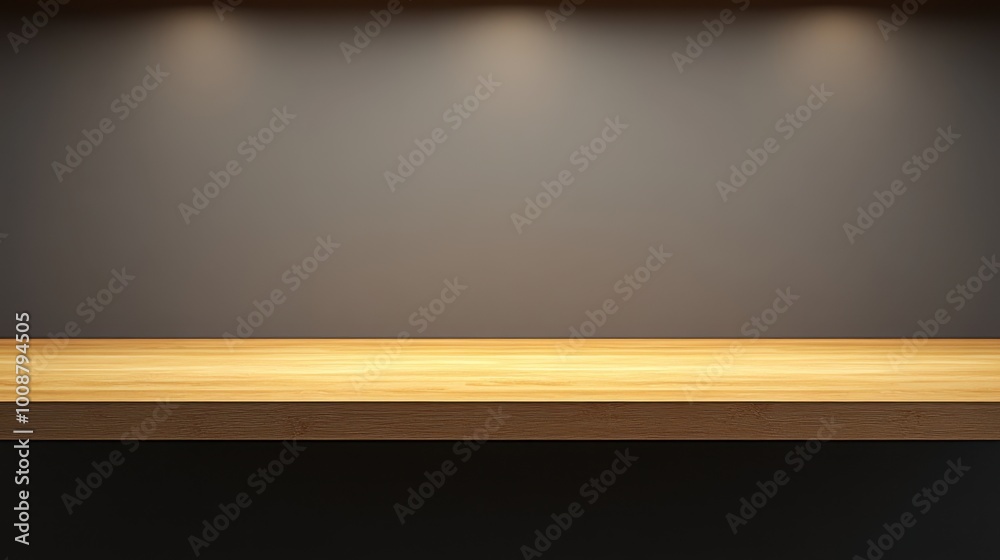 An empty wooden table sits in front of a dark background illuminated by soft spotlights, creating a dramatic stage-like setting, perfect for product placement An empty wooden table sits in front of a dark background illuminated by soft spotlights, creating a dramatic stage-like setting, perfect for product placement