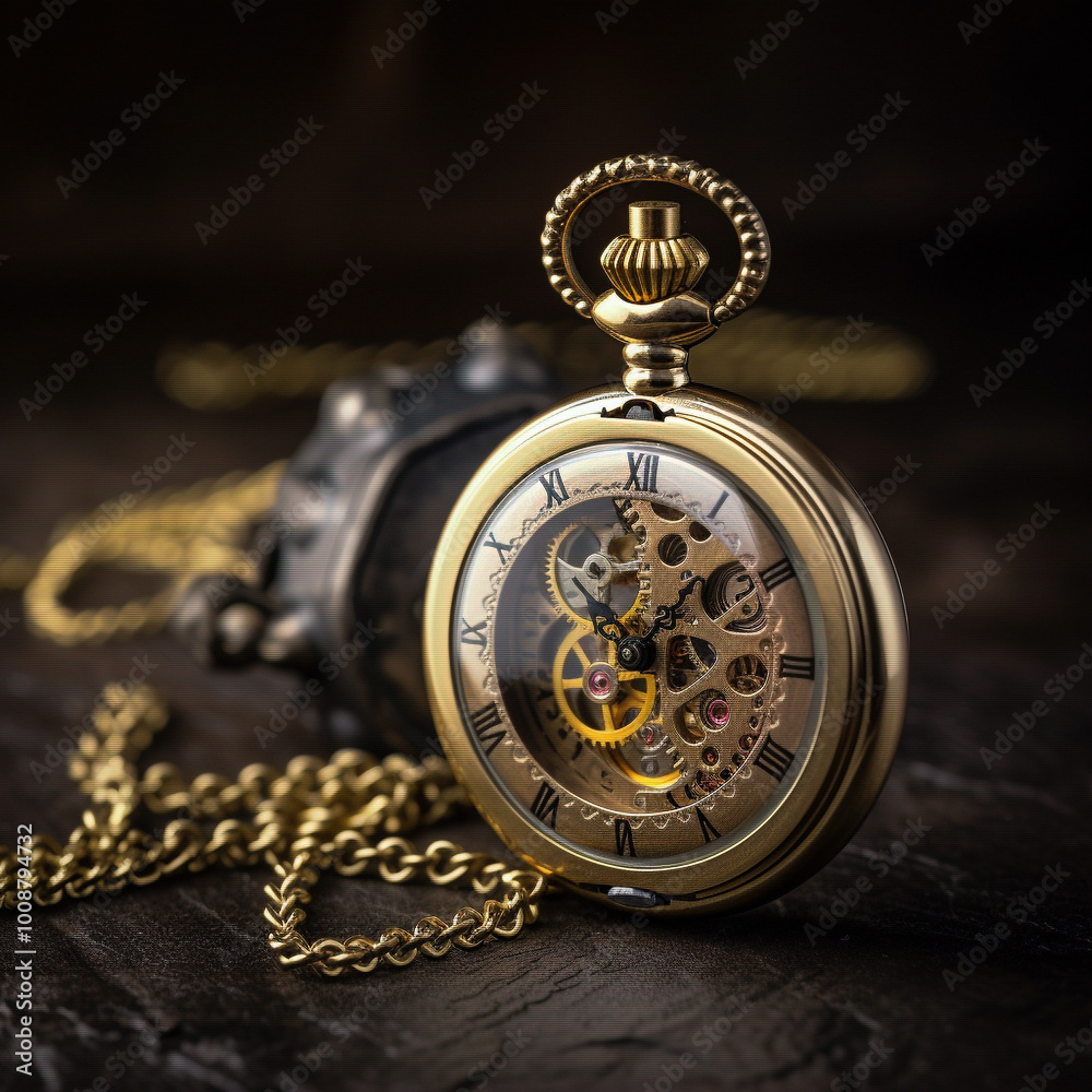 a gold pocket watch with a chain around it a gold pocket watch with a chain around it