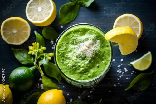 Above view of a fresh green smoothie with fresh spinach, lemon, and lime ingredients