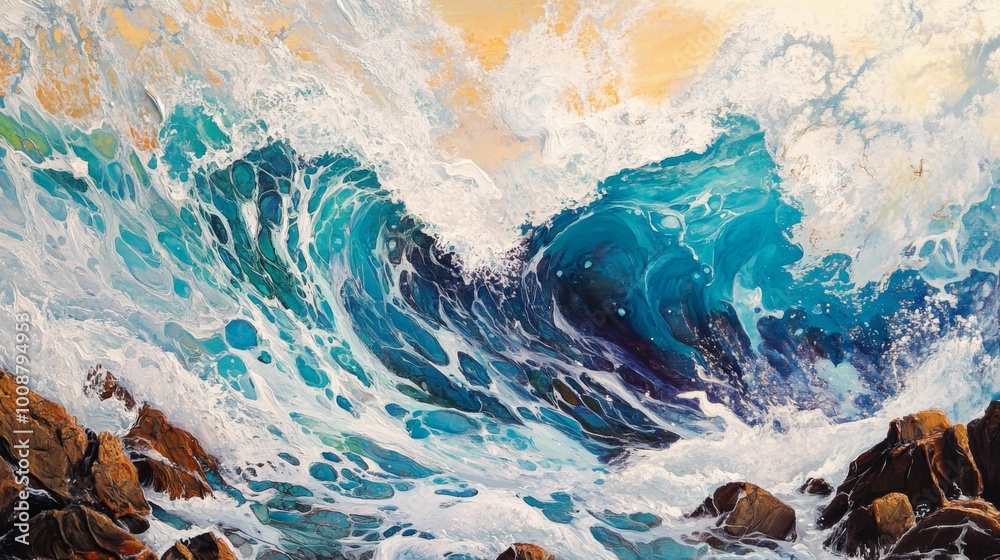 Fototapeta premium A powerful wave crashes against rocks, creating a mesmerizing display of foam and turquoise water.