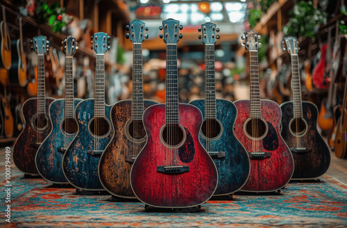 A vibrant collection of acoustic guitars displayed in a cozy music shop