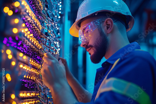 Technician working with colorful fiber optic cables, showcasing complex network infrastructure and telecommunication technology, highlighting hands-on construction and glowing data connections