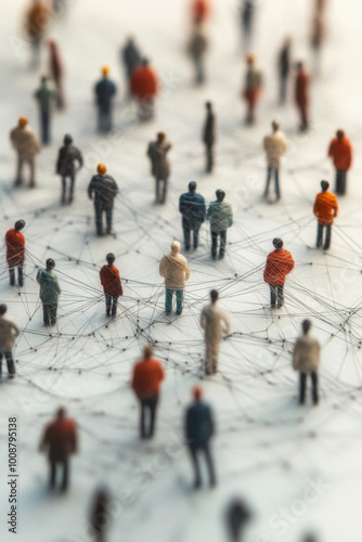 Group of simple miniature people shapes connected by thread lines on a simple background. Wallpaper of communication, social communications