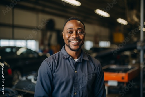 Portrait of a middle aged male mechanic in car shop