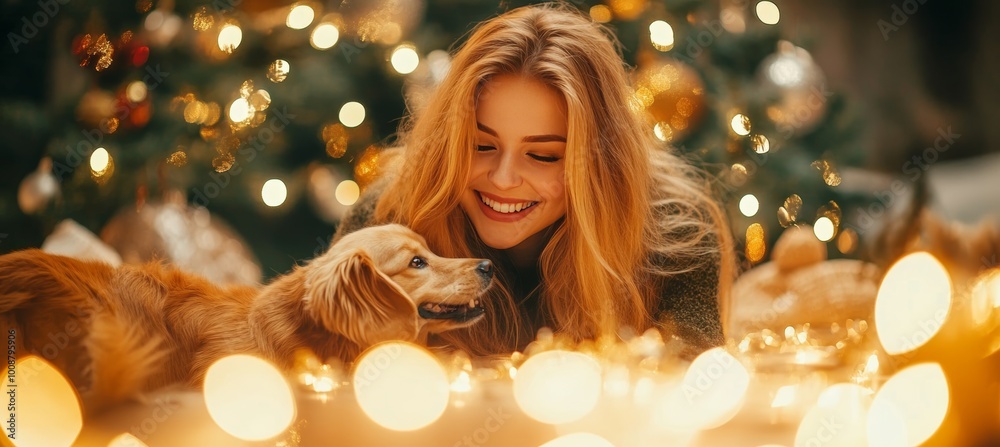Christmas Joy Womans Radiant Smile With Pet Dog Amidst Festive Lights and Decorations Christmas Joy Womans Radiant Smile With Pet Dog Amidst Festive Lights and Decorations