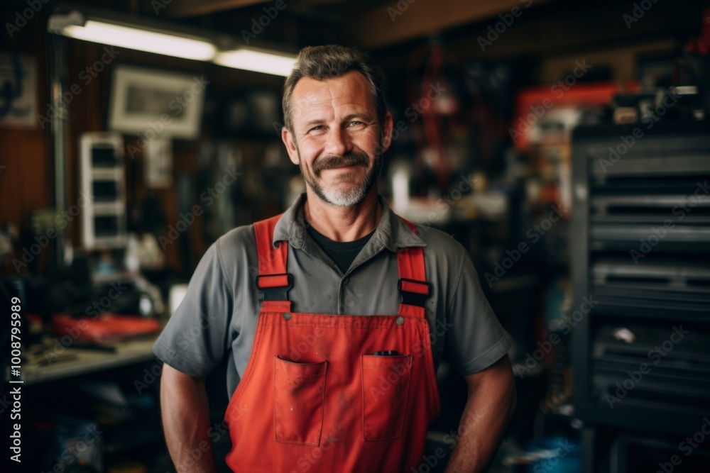 Fototapeta premium Portrait of a middle aged male mechanic in car shop
