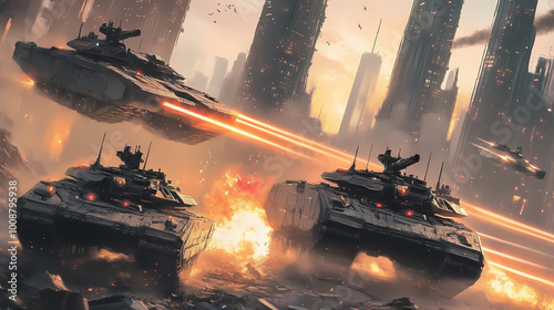 Generative AI, Futuristic Tanks Advancing Through a Destroyed City photo