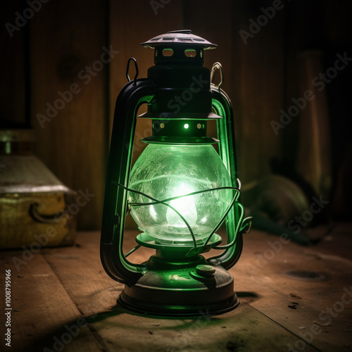 a green lantern on a wooden table