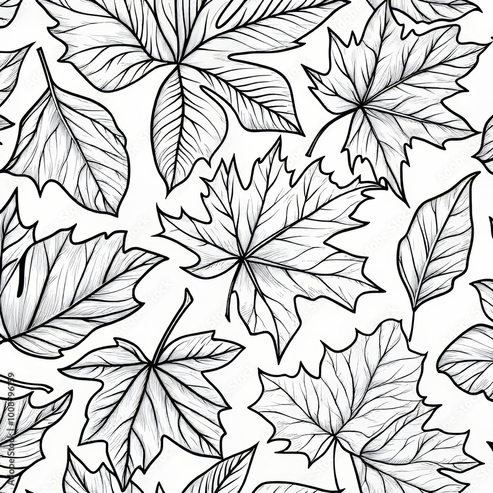 Pattern with fall leaves and forest gifts in outlines and strokes Pattern with fall leaves and forest gifts in outlines and strokes