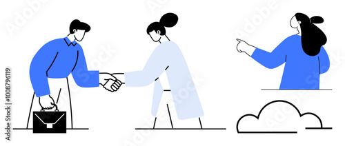 Man and woman shake hands while another person points forward. Ideal for teamwork business communication cooperation agreement partnership and goal-setting. Simple flat vector three-colour style
