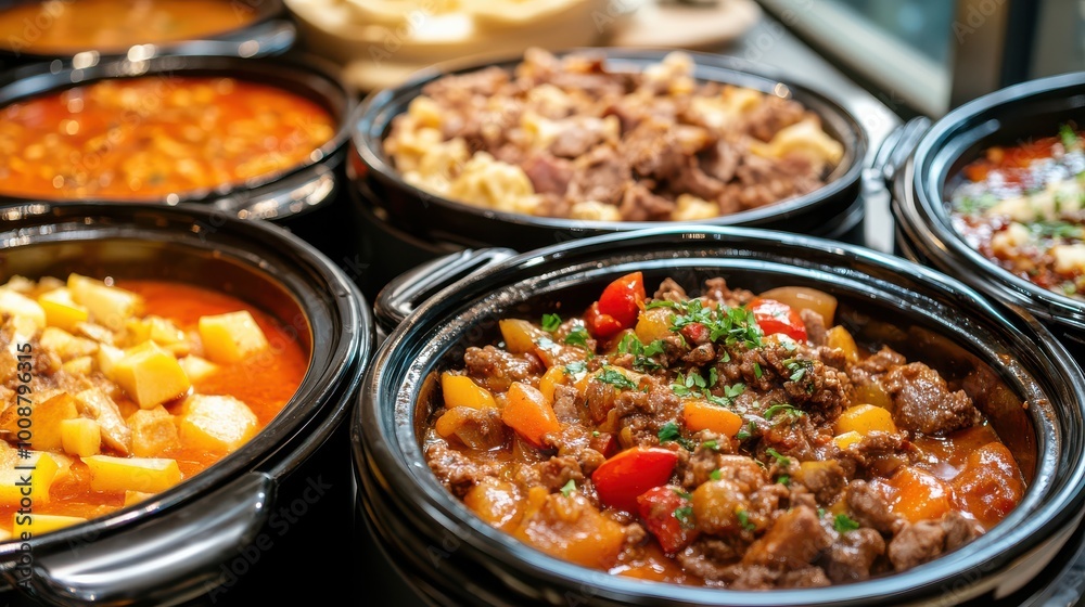 Multiple Slow Cookers Preparing Different Meals for Easy Meal Planning Multiple Slow Cookers Preparing Different Meals for Easy Meal Planning